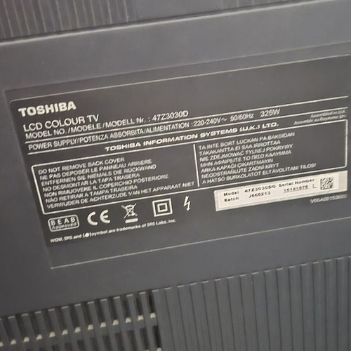 Toshiba REGZA Z Series 47" LCD TV used, no image, for parts or repair