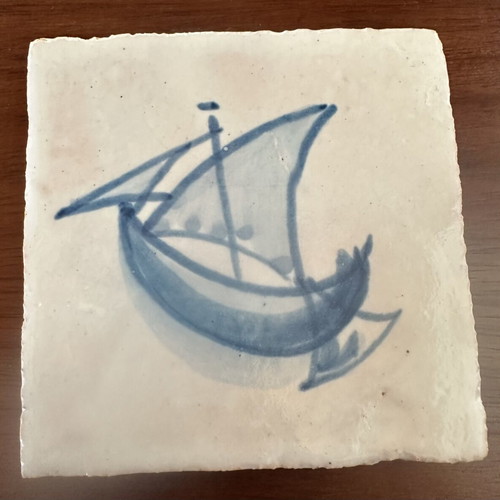 Handmade ceramic coaster from Portugal with sailing ship design