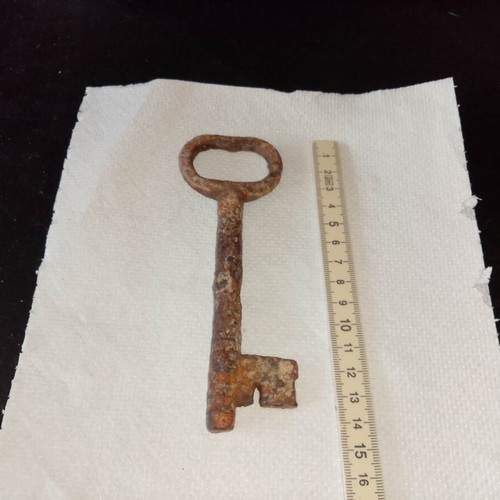 Forged iron key 15 cm used, vintage 1880-1920