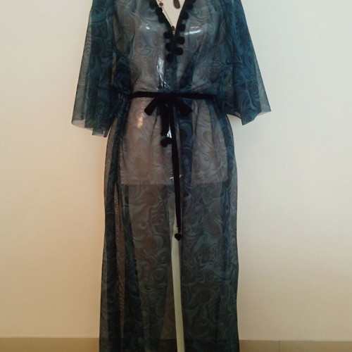 Sheer maxi kimono kaftan navy paisley pattern used, pom-pom boho chic