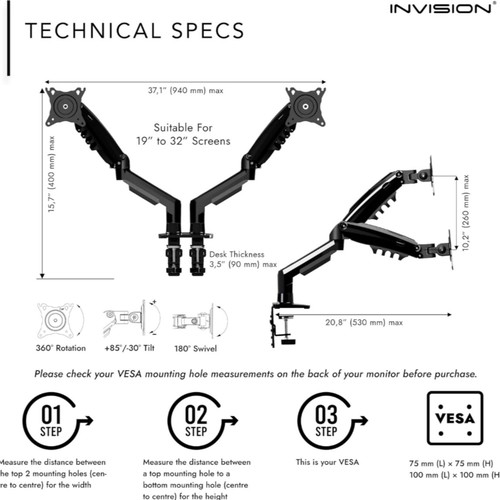 Invision Dual Monitor Arm 19"-32" Gas Spring 2-9kg per arm