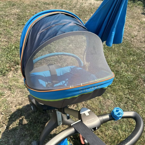 Stokke Xplory baby stroller blue with bag and umbrella
