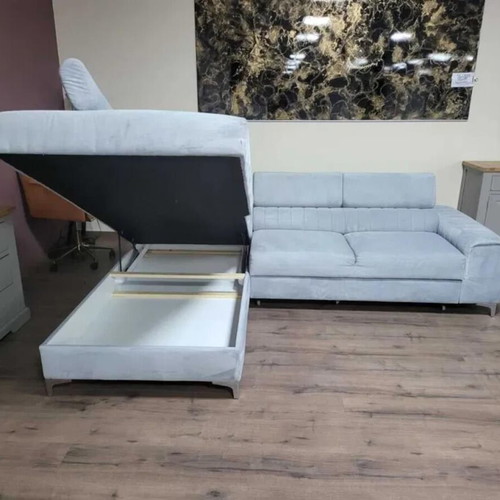 Light Blue Fabric Corner Sofa with Sleep Function and Storage Like New