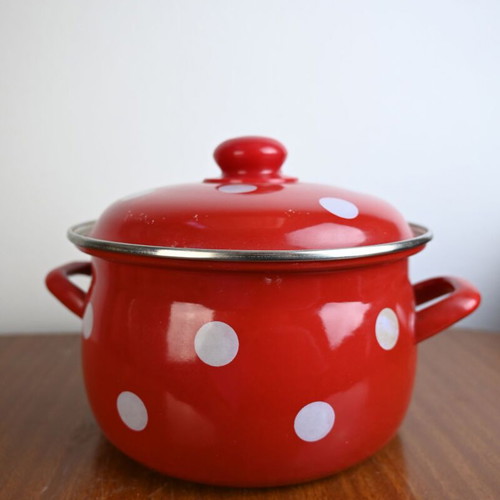 Vintage enamel pot red with white polka dots used