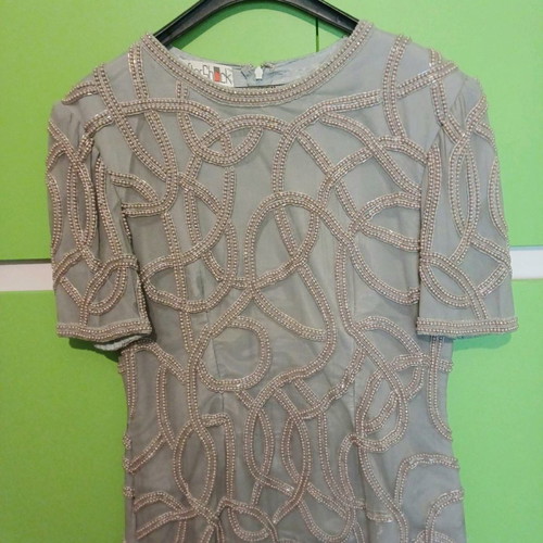 After Shock blouse used, silk beige with pearls, gray, size L