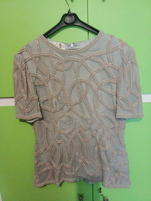 After Shock blouse used, silk beige with pearls, gray, size L
