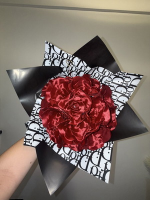 Handmade bouquet of 15 satin red roses with card holder