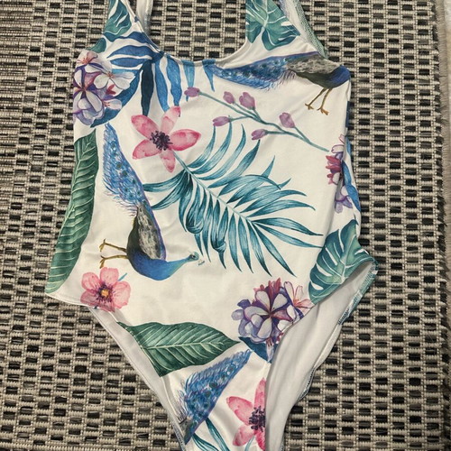 One Size Floral One-Piece Swimsuit with Open Back like new, white and blue