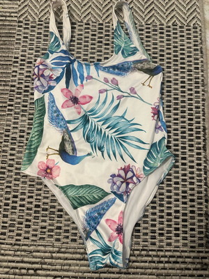 One Size Floral One-Piece Swimsuit with Open Back like new, white and blue