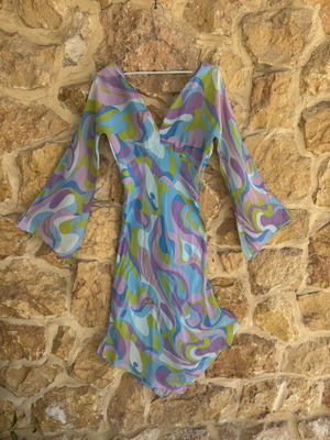 Y2K Asymmetric Multicolor Dress like new, retro abstract midi