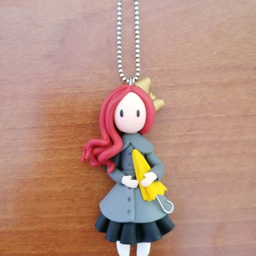 Necklace with polymer clay girl and steel chain new