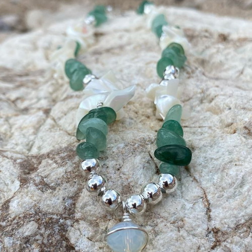 Boho Mermaidcore Necklace with Green Aventurine Chips and Moonstone Bead
