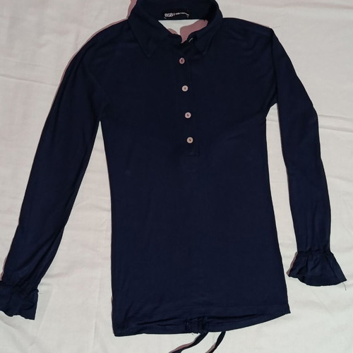 BSB fitted shirt with open back and ruffle sleeves, size S, blue