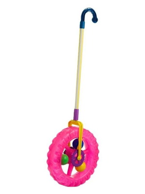 Push Toy plastic wheel with handle, blue and cyclamen, new