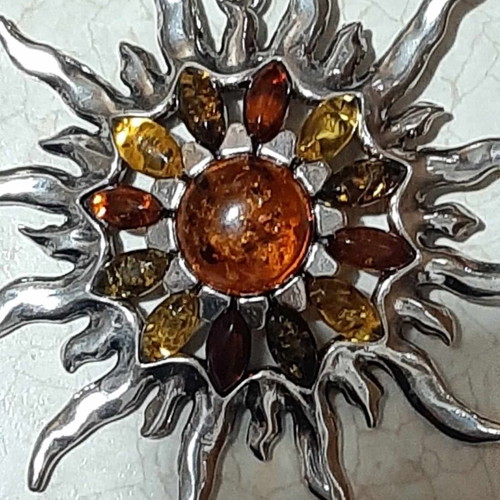 Sun pendant with Baltic amber in 925 silver, new, unworn