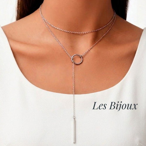 Steel Double Lariat Necklace with Ring and Bar