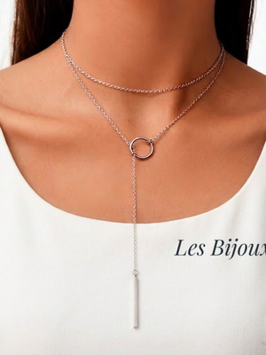 Steel Double Lariat Necklace with Ring and Bar