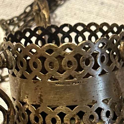Old Silver-Plated Russian Candle Holder with Red Glass Used