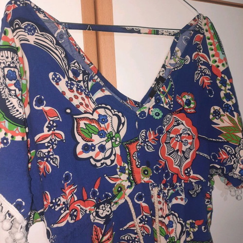 Boho long dress used, blue, onesize with pom-poms on sleeves