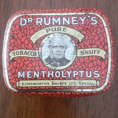 Dr. Rumney's Mentholyptus Pure Tobacco Snuff Tin used, prewar 1920-1930