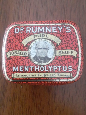 Dr. Rumney's Mentholyptus Pure Tobacco Snuff Tin used, prewar 1920-1930