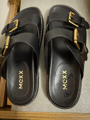 Mexx black sandal slipper with adjustable gold buckle new