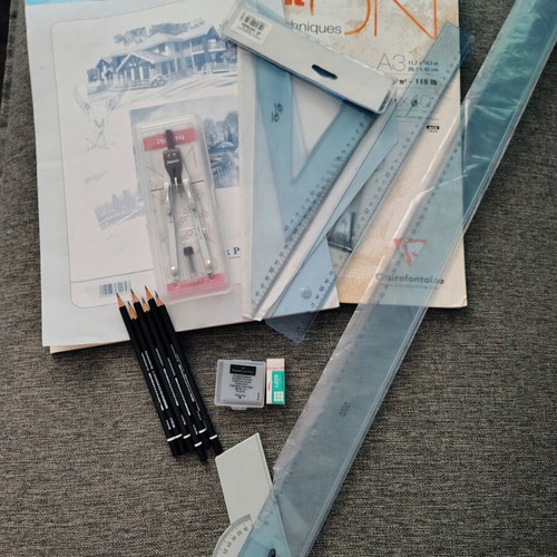 Drawing set like new with A3 pads, rulers, compass, pencils, erasers