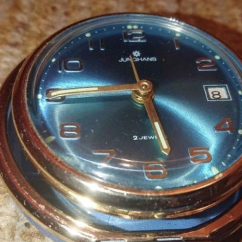 Junghans travel alarm clock like new, brass and leather
