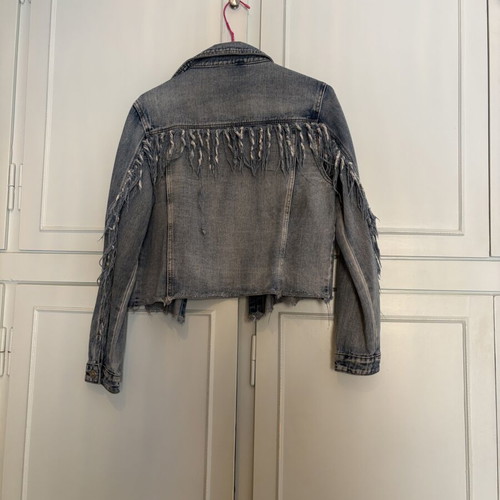 Crop denim jacket with fringes, blue