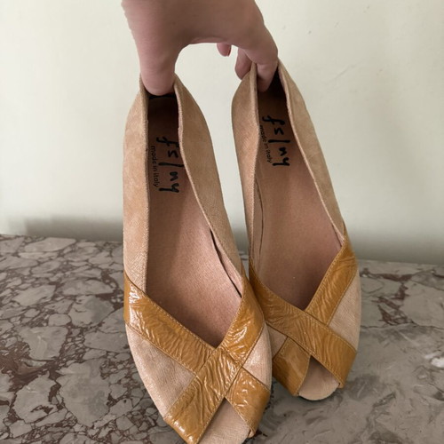 FS/NY Peep-Toe Ballerina Shoes, beige with tan details