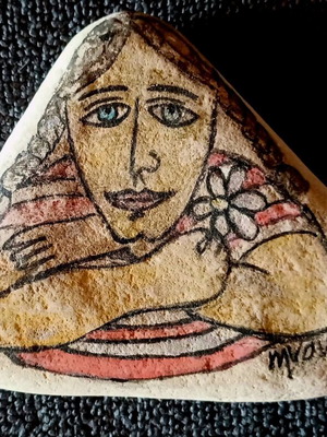 Painted stone girl new, acrylic, artist signed