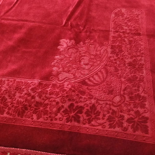 Vintage velvet narrow rectangular tablecloth, burgundy, embossed corners