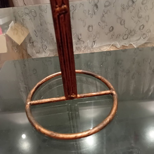 Metal candlestick with copper-bronze finish and purple beads, like new