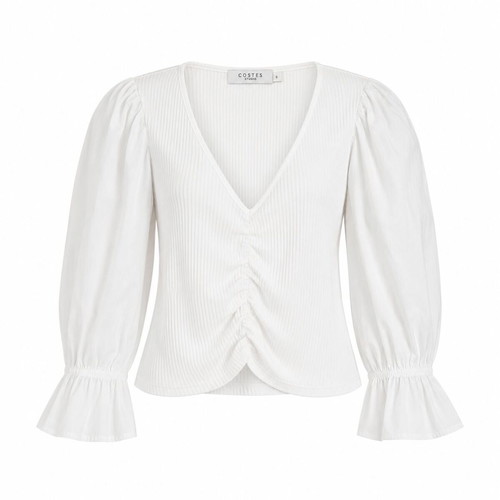 Costes Studio white ribbed puff sleeve top, size S
