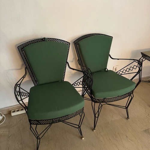 Outdoor set table and 3 ferforje metal chairs with cushions used