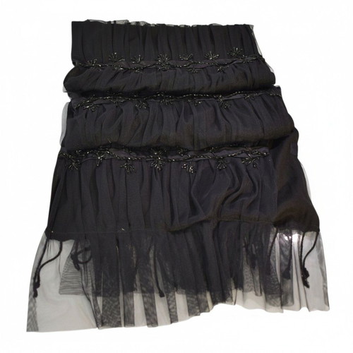 Vintage black silk chiffon scarf with bead embroidery used
