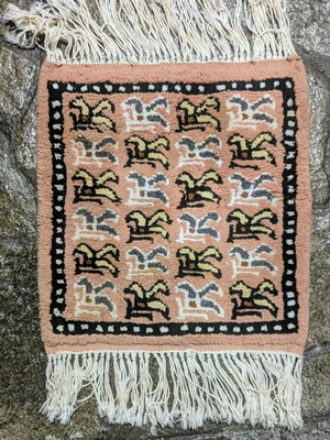 Vintage handmade woven rug with geometric pattern, 38x40 cm