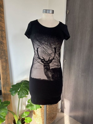 Black Mini T-Shirt Dress with Realistic Deer Print like new