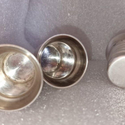 Old collectible shot glasses used, copper with silver enamel