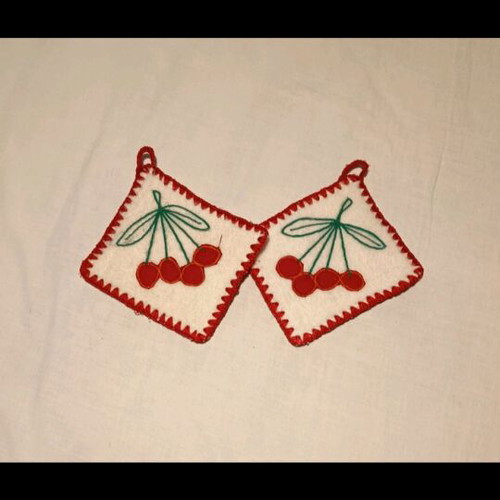 Handmade kitchen pot holders like new with cherry applique design