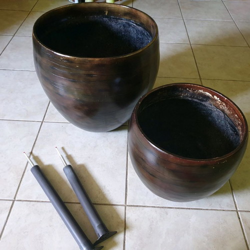 Polyester flower pots used, set of 2, indoor with wooden design