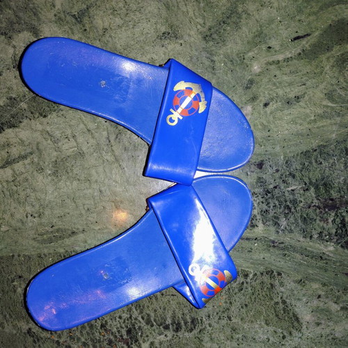 Retro children's wooden clogs used, blue nautical design 1970s