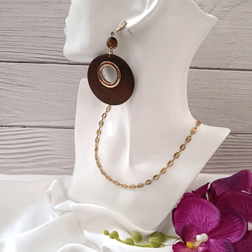 Boho wooden large earrings with tiger eye
