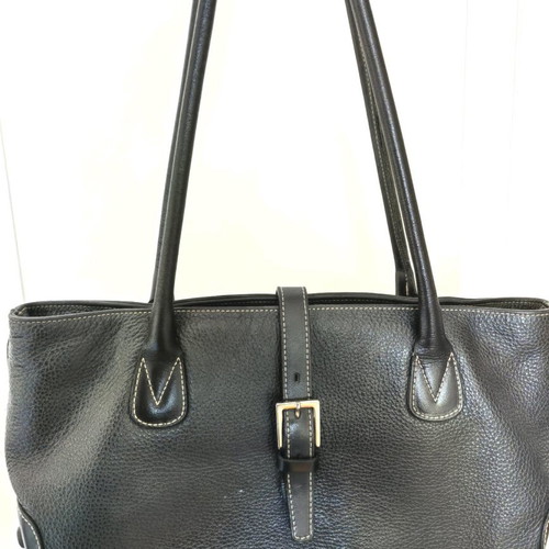 Leather shoulder bag used, black with ecru stitching