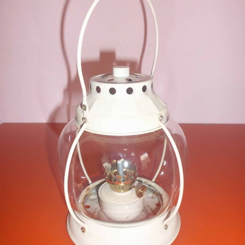 Metal lantern with round glass and wick like new, 13x24 cm