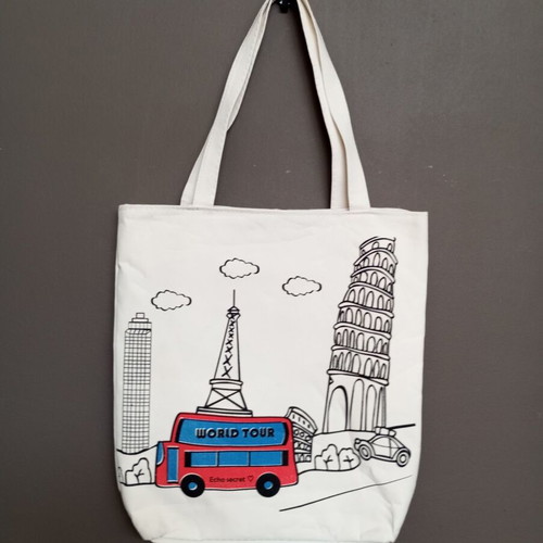 Tote bag "World Tour" fabric shoulder bag, white multicolor