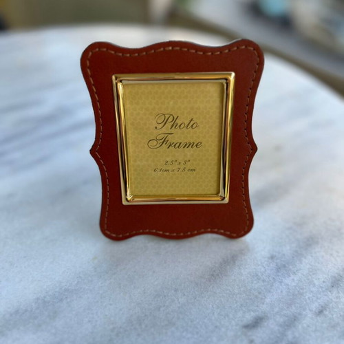 Mini Genuine Leather Photo Frame with Gold Metal Border
