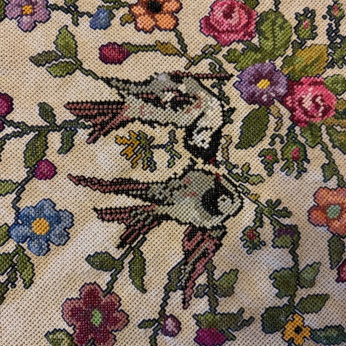 Handmade cross-stitch embroidery 1.40×1.40 m with swallows and flowers