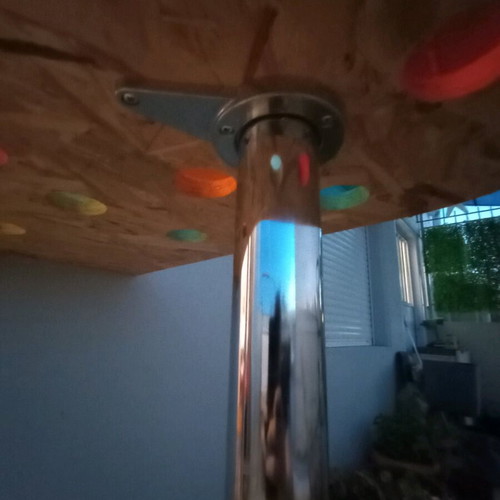Handmade bar table like new with OSB wood surface and colorful inlays