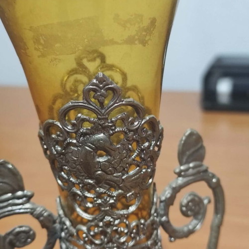Gianniotiko vintage canataki used, amber blown glass with tin filigree